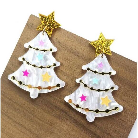 NEW White Christmas Tree Glitter Acrylic Holiday Stud Earrings - Picture 1 of 3